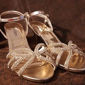 Silver Slipper gold and rhinestone strappy heels